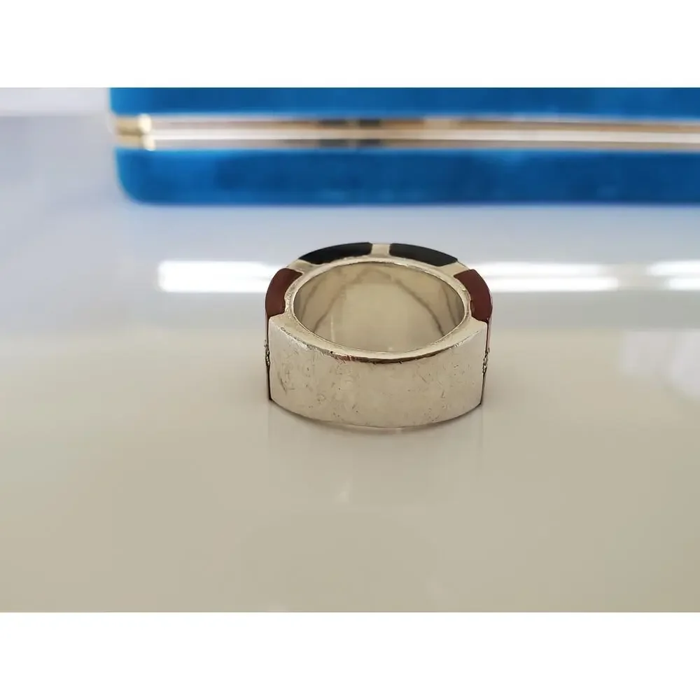 Vintage Onyx Carnelian and Marcasite Sterling Silver Wide Ring Band